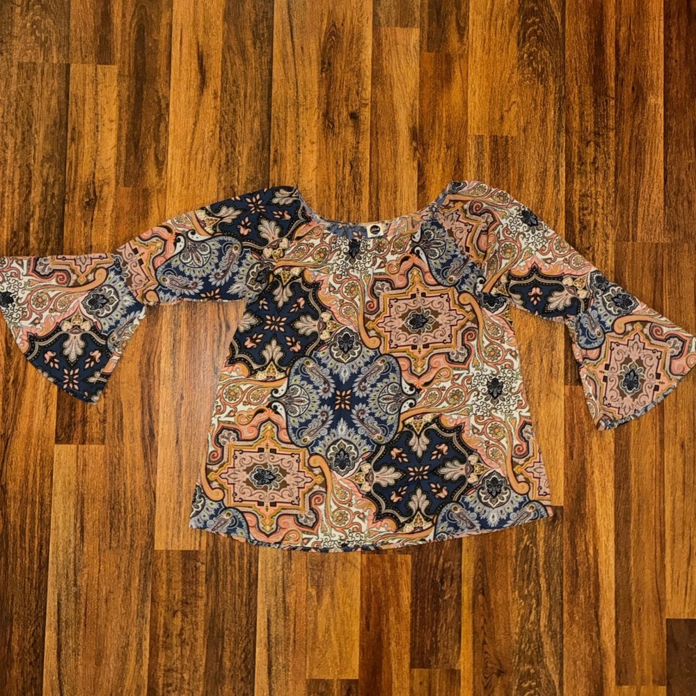 J&M Clothing Co Paisley Bell Sleeve Blouse Multi Color Boho Top